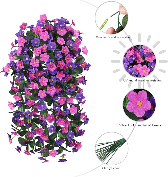 Artificial Fake Hanging Flowers Plants for Outdoor Winter Summer Decoration, 2PCS Faux Silk Daisy Flower Look Real UV Resistant Orchid Vine for Home Outside Garden Wall Indoor(Dark Purple and Fuchsia)