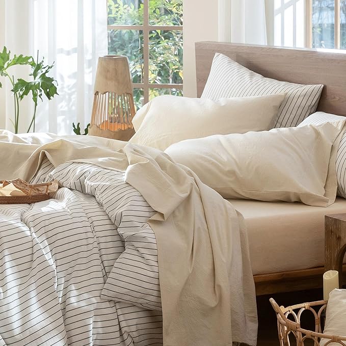 MooMee Bedding Sheet Set 100% Washed Cotton Linen Like Textured Breathable Durable Soft Comfy (Heathered Almond Milk Grey, Queen)