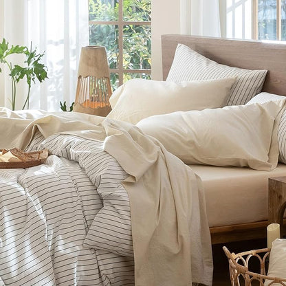 MooMee Bedding Sheet Set 100% Washed Cotton Linen Like Textured Breathable Durable Soft Comfy (Heathered Almond Milk Grey, California King)