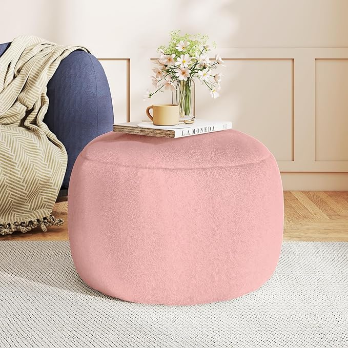 Round Stuffed Pouf Ottoman for Foot Rest, A Round Modern Foam Filled Poufs, Floor Chair for Living Room, Nursery, Dorm,Outdoor, A Soft Modern Foot Stool Perfect to Rest Your Feet (Pink, 20Inch)