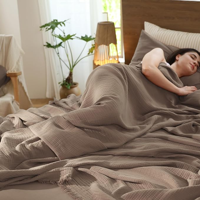MooMee Muslin Blanket - 100% Cotton 4-Layer Gauze Throw Blanket with Tassels Ultra-Soft Breathable Lightweight Cooling for Bed Couch (Brown, Queen 90" x 90")