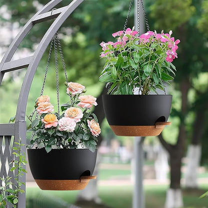 Set of 3-10 Inch Self Watering Hanging Planters for Indoor & Outdoor，Hanging Plant Pots with Drainage & Removable Tray, Hanging Pots Holder for Ivy, Pothos, Ferns, Balcony & Patio, Black with Brown