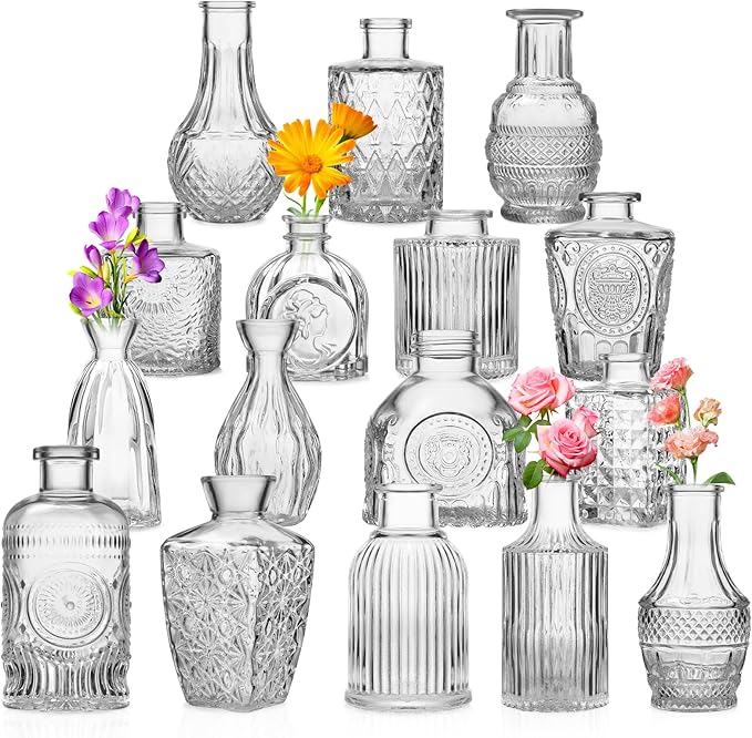 Glass Bud Vases Set of 16 - Small Clear Mini Flower Vases for Wedding Centerpieces, Bulk Vintage Table Decor, Home, Party & Floral Arrangements