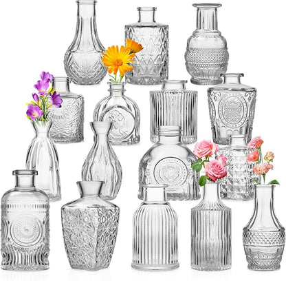 Glass Bud Vases Set of 16 - Small Clear Mini Flower Vases for Wedding Centerpieces, Bulk Vintage Table Decor, Home, Party & Floral Arrangements