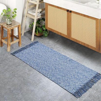 Collive Kitchen Runner Rug, 2' x 4.3' Hand-Woven Reversible Washable Rug, Navy Blue Cotton Modern Farmhouse Bathroom Rug Hallway Carpet for Foyer Bedroom Entry Back Door Decor
