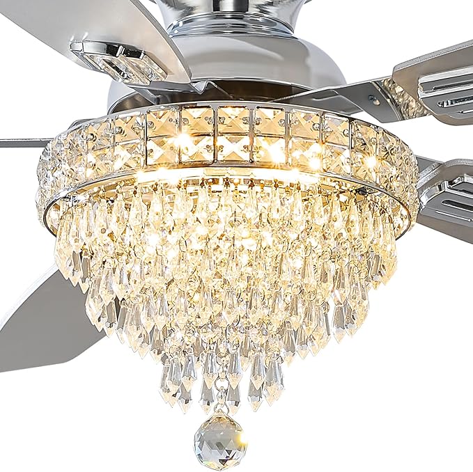 Crystal Ceiling Fan Fandelier with Lights-Ceiling Fans,50" Low Profile and Remote Control, Flush Mount, Reversible, Dimmable, Noiseless,Ceiling Fan for Bedroom（Chrome）
