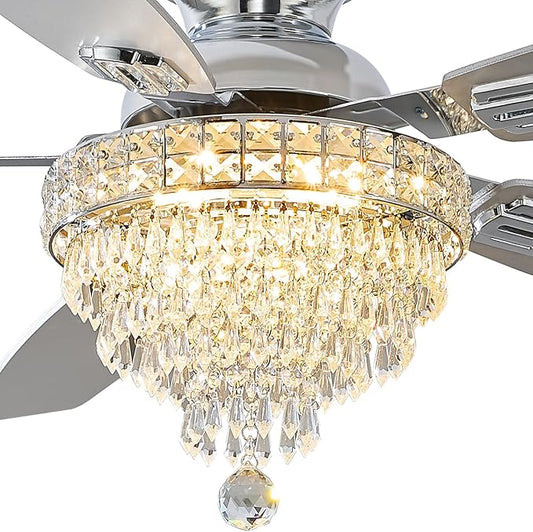 Crystal Ceiling Fan Fandelier with Lights-Ceiling Fans,50" Low Profile and Remote Control, Flush Mount, Reversible, Dimmable, Noiseless,Ceiling Fan for Bedroom（Chrome）