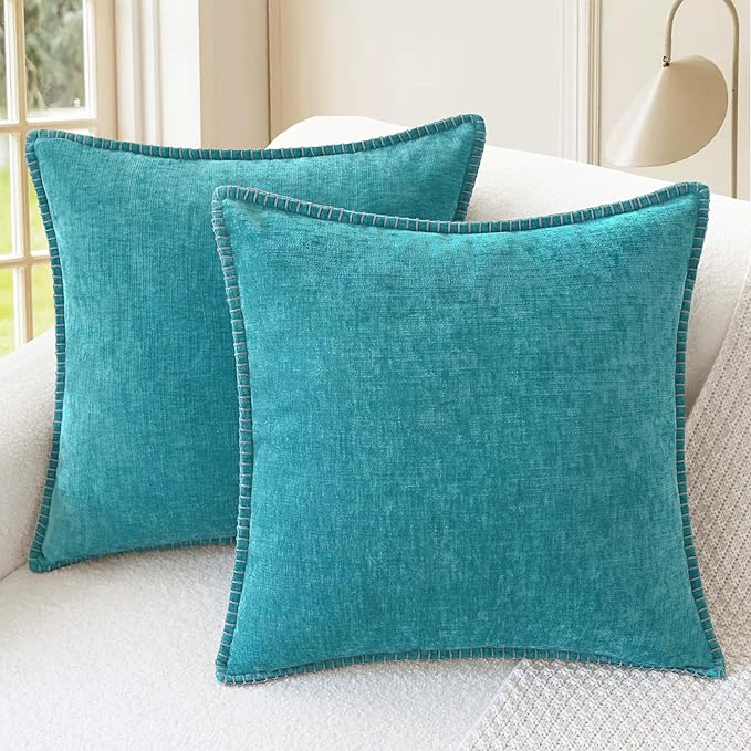 CaliTime Throw Pillow Covers Decorative 18 X 18 Inches Pack of 2 Cotton Thread Stitching Edges Solid Dyed Soft Chenille Cushion Cases for Couch Sofa Bed Living Room Farmhouse Lake Blue