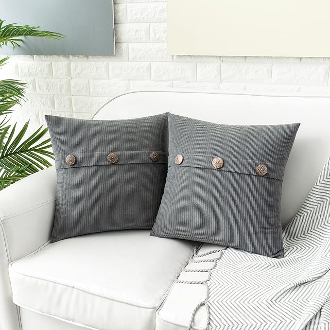 HWY 50 Gray Grey Chenille Throw Pillow Covers 18x18 Inch with Triple Buttons, Soft Farmhouse Accent Decorative Cushion Cases for Couch Sofa Bed Living Room Bedroom Pack of 2