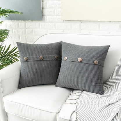 HWY 50 Gray Grey Chenille Throw Pillow Covers 18x18 Inch with Triple Buttons, Soft Farmhouse Accent Decorative Cushion Cases for Couch Sofa Bed Living Room Bedroom Pack of 2