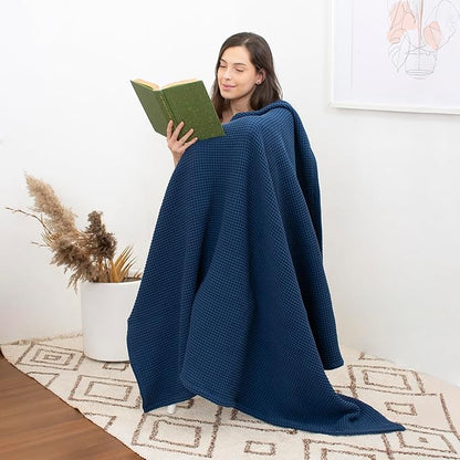 100% Cotton Waffle Blankets for Bed - Throw (50" x 60") Lightweight, Breathable and Soft, Waffle Weave Blanket for All-Season - Summer, Spring, Winter (Blue)