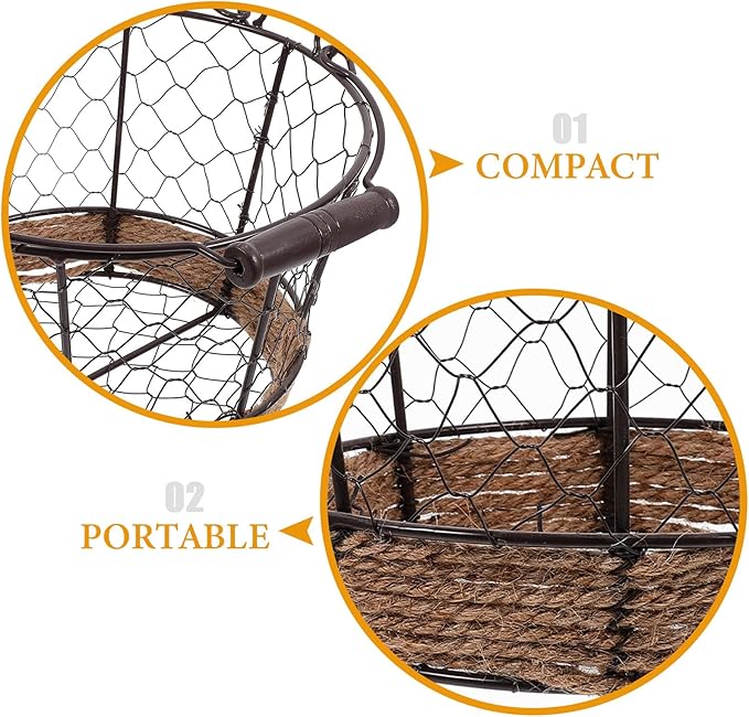 Mobestech Iron Wire Woven Small Storage Basket with Handle, Metal Sundry Organizer for Kitchen Countertop and Desktop, Vintage round Iron Fruit and Bread Holder for Home Storage