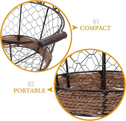 Iron Wire Woven Small round Storage Basket, Metal Organizer Basket for Kitchen Countertop, Fruit and Bread Holder for Home Storage and Table Serving