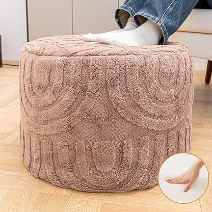 Round Plush Ottoman Pouf Stuffed– Fluffy Ottoman Foot Rest with Modern Foam Filler 20" x 14" Cozy Floor Pouf for Living Room & Bedroom