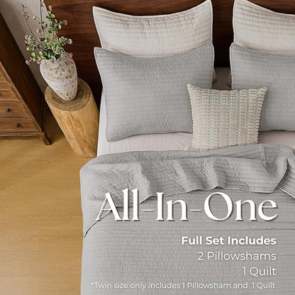DOWN HOME King Quilt Bedding Set with Shams, Vintage Washed Soft Quilted Blanket Thin Comforter Lightweight Bedspread Coverlet Bed Cover, Brushed Microfiber Stripe Stitching, Light Gray, 104"x90"