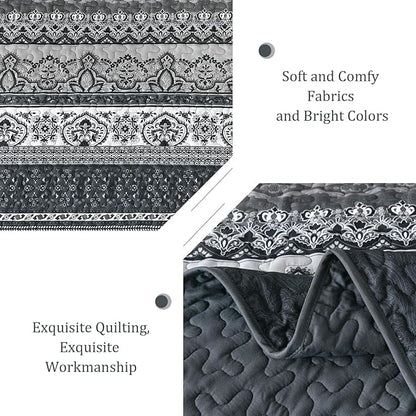 WONGS BEDDING Boho Queen Quilt Set, Black Bohemian Quilt Bedding Set, Lightweight Bed Decor Bedspread for All Season Reversible Microfiber Coverlet Bedding Set 96"x90"(3 Pieces)