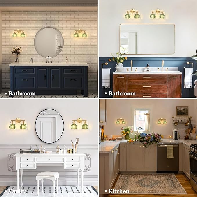Bathroom Light Fixtures, 2-Light Brass Vanity Wall Light Over Mirror with Green Tulip Glass Shade for Bedroom Living Room (Bulb Not Included)