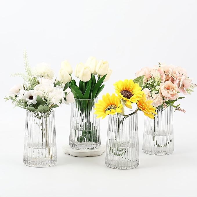 Clear Glass Vases Set of 4, Small Vases for Flowers, Flower Vase for Bouquet, Modern Ribbed Glass Vase for Living Room, Bedroom, Dining Table, Office, Wedding, Centerpieces