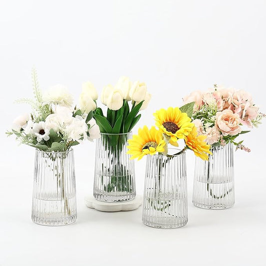 Clear Glass Vases Set of 4, Small Vases for Flowers, Flower Vase for Bouquet, Modern Ribbed Glass Vase for Living Room, Bedroom, Dining Table, Office, Wedding, Centerpieces