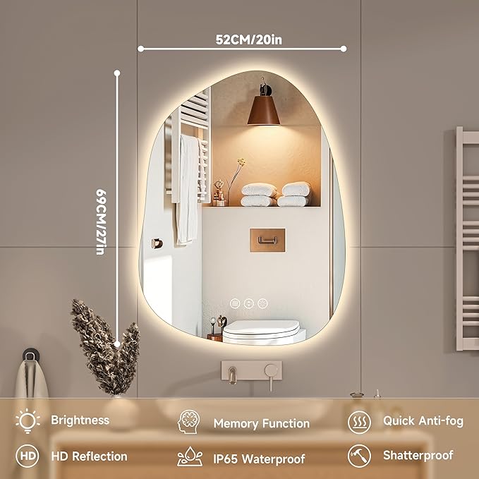 Hasipu Irregular Wall Mirror with Lights- 27"x20"Smart Vanity Mirror with Anti-Fog, 3 Color Modes,Dimmable Light, Memory Function, Backlit Wall Mount, Horizontal/Vertical