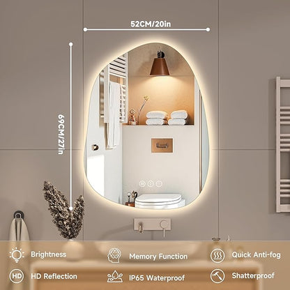 Hasipu Irregular Wall Mirror with Lights- 27"x20"Smart Vanity Mirror with Anti-Fog, 3 Color Modes,Dimmable Light, Memory Function, Backlit Wall Mount, Horizontal/Vertical