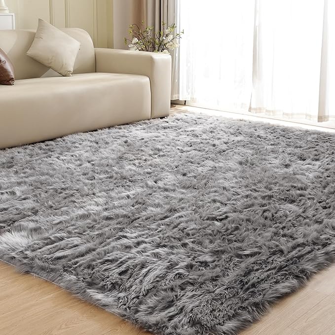 Shag Washable Area Rugs 8x10 Grey Fluffy Rug for Living Room Large Faux Sheepskin Shaggy Fur Area Rugs for Bedroom Nursery Rectangle Rug