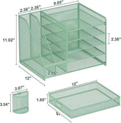 Marbrasse Desk Organizer with File Holder, 5-Tier Paper Letter Tray Organizer with Drawer and 2 Pen Holder, Mesh Desktop Organizer and Storage with Magazine Holder for Office Supplies (Green)