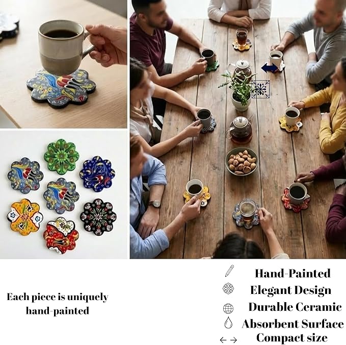 Hand-Painted Turkish Ceramic Coaster Set (6 Pack) – Absorbent, Durable Drink Coasters for Coffee, Tea & Tabletop Protection
