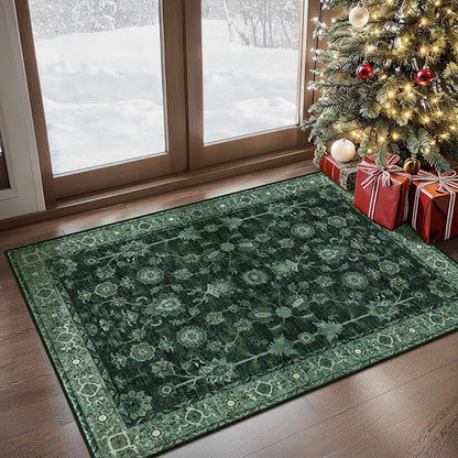 Tangsoo Green Washable Entry Rug, 2x3 Small Area Throw Rugs for Entryway Non Slip, Distressed Vintage Floral Thin Rug for Kitchen Bedroom, Low Pile Floor Carpet Front Door Mat for Entrance Foyer Decor