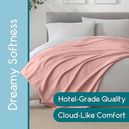 King Size 100% Cotton Blanket | Super Soft Breathable Lightweight Throw | All-Season Knit Blanket | Luxury Hotel Versatile | Easy Care Pink Clay