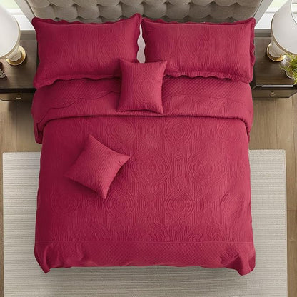 HZ & HY Oversized King Bedspread 138x122 Extra Wide, Ultrasonic Coverlet Bedding Set, Lightweight Thin Comforter, Reversible, 5 Piece, 100% Microfiber, California/Alaskan King, Wine Red