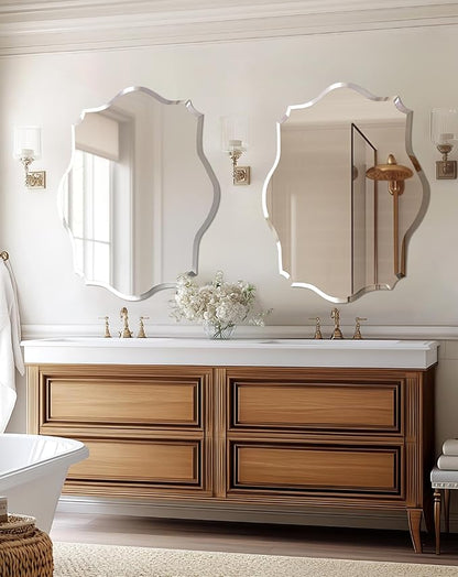 Frameless Scalloped Wall Mirror: Decorative Scallop Oval Mirrored Glass Vanity with Beveled Silver Edge for Bathroom Bedroom Livingroom Dining Room Entryway Hallway, 28 x 20 inch