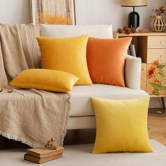 EMEMA Fall Orange Velvet Throw Pillow Covers 12x20 Inch Set of 2 Decorative Rectangle Pillowcase Soft Solid Cushion Case for Couch Sofa Bed Bedroom Livingroom