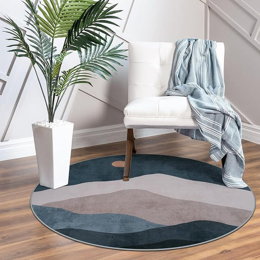 3ft Abstract Round Rug,Boho Washable Non-Slip Mountain Rugs for Entryway,Soft Ultra-Thin Small Indoor Throw Rugs for Bedroom/Bathroom/Laundry Room/Kitchen (Blue)