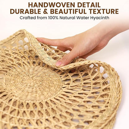 15" Round Seagrass Placemats – Set of 10 | Boho Rattan Woven Table Mats, Farmhouse Plate Chargers for Spring, Weddings, Parties & Christmas Décor | Natural Water Hyacinth & Corn Husk Style