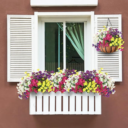 Artificial Flowers for Outdoors 12 Bundles Realistic Faux Plants UV Resistant Fake Silk Morning Glory with Eucalyptus for Front Door Planter Patio Porch Spring Summer Decoration (4 Mixed Color)