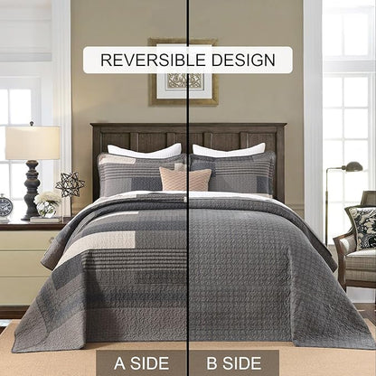 100% Cotton 128"x120" Oversized Quilt Bedspread, Plaid Pattern California King Extra Large Quilt Bedding Set, Cal King XL Bed Spread Lightweight Comforter, Gray, 3Pcs