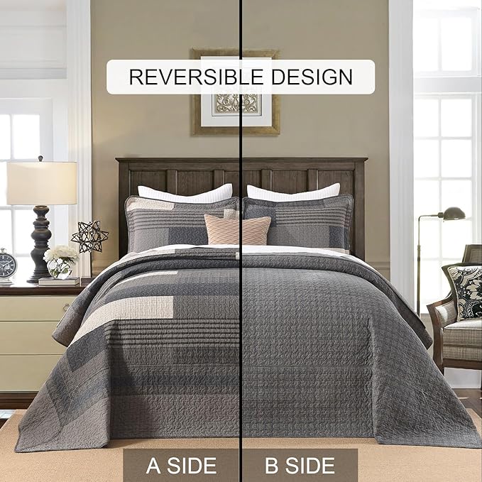 100% Cotton 120"x120" Oversized Quilt Bedspread, Plaid Pattern California King Extra Large Quilt Bedding Set, Cal King XL Bed Spread Lightweight Comforter, Gray, 3Pcs
