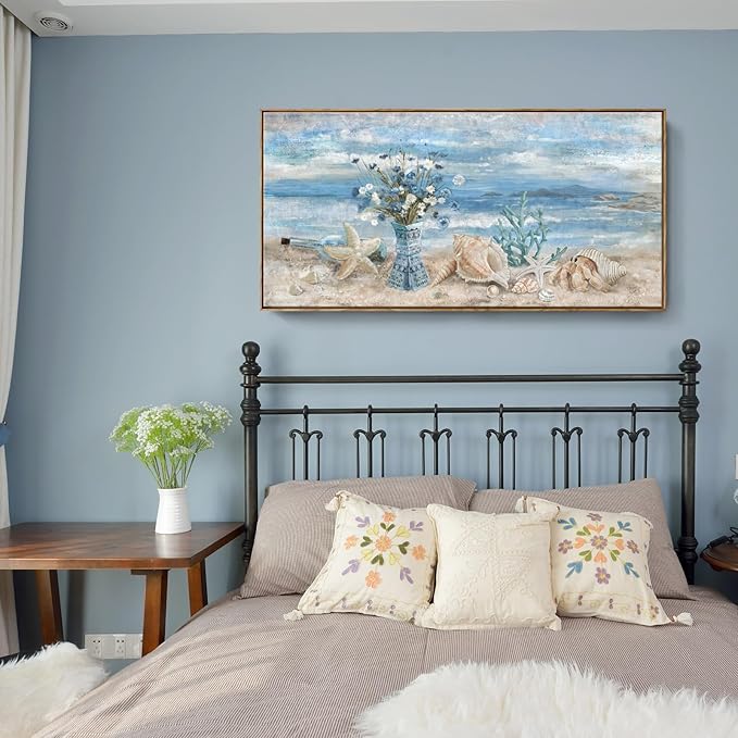 Framed Wall Art for Living Room Blue Ocean Seaside Landscape Beach Picture Coastal Canvas Print Abstract Seascape Painting Daisy Flower in Indian Vase Sea View Artwork for Home Decor 48" W x 24" H