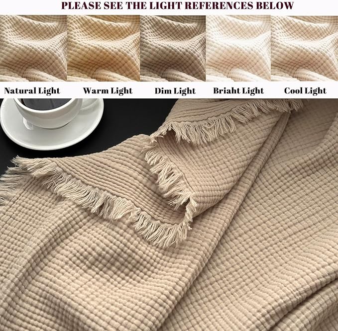 MorroMorn 100% Cotton Muslin Blanket with Fringes Twin Size 60"x80", 4-Layer Gauze Blankets for Adults, Boho Bedding Breathable Lightweight Ultra-Soft Farmhouse Decor for Couch Bed All Seasons, Khaki