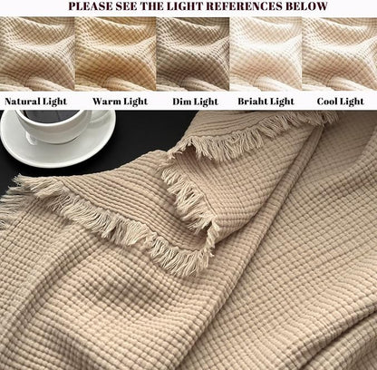 MorroMorn 100% Cotton Muslin Blanket with Fringes Twin Size 60"x80", 4-Layer Gauze Blankets for Adults, Boho Bedding Breathable Lightweight Ultra-Soft Farmhouse Decor for Couch Bed All Seasons, Khaki