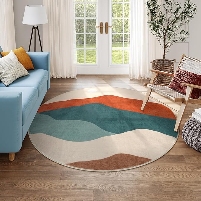 Mountain Round Rugs 6ft, Large Non Slip Circle Rug for Living Room Washable Boho Sunrise Sunset Bedroom Rug, Colorful Stain Resistant Round Carpet for Dining Room Nursery