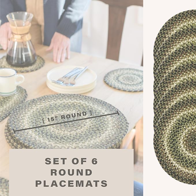 Homespice Pinecone Jute Woven Round Placemats Set of 6, 15", Warm Country Rustic Decor, Green Table Mats - Vibrant Colors, Durable, Easy to Clean and Protects Furniture