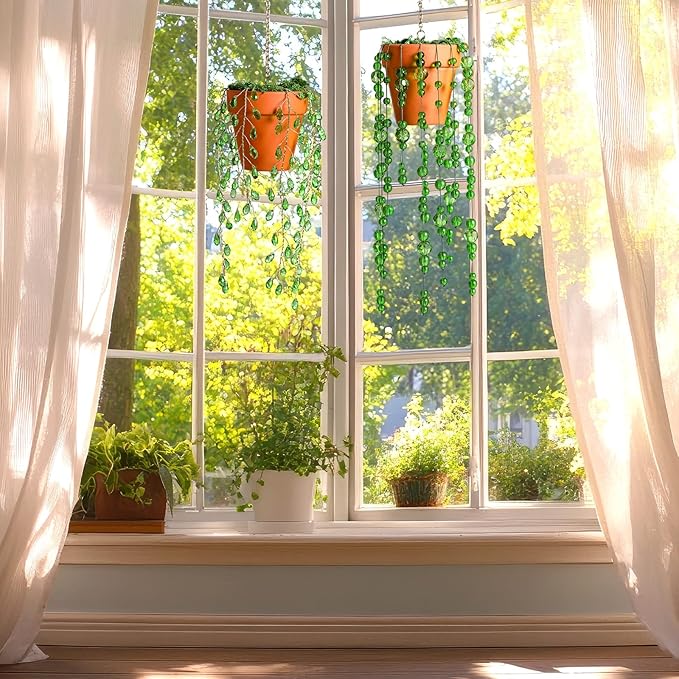 Suncalla 2pcs Beaded Plant Gifts for Plant Lovers Beaded Succulent Plants Sun Catcher Glass Leaf Beads Suncatcher for Window Hanging with Chain Bead Plants Crystal Sun Catchers Home (Classic Style)