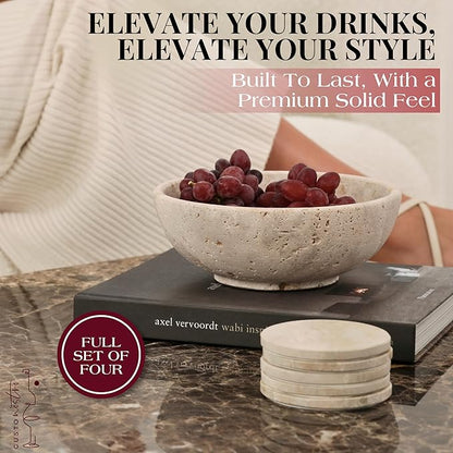Gusto Nostro Travertine Coasters - Absorbent Stone Coasters Set of 4 - Aesthetic, Natural Stone Coaster for Drinks - Anti-Slip Round Artisanal Travertine Coaster for Kitchen Counter and Coffee Table
