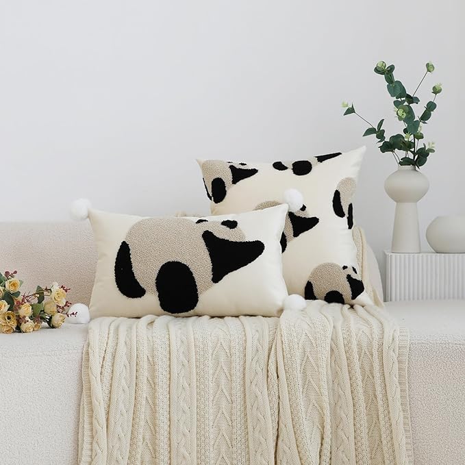 LIGICKY Panda Throw Pillow Cover White Velvet Cushion Cover Neutral Accent Tufted Animal Print Pillowcase Solid Decorative Soft Rectangle Cushion Case for Sofa Bedroom Party Décor, 12 x 20inch