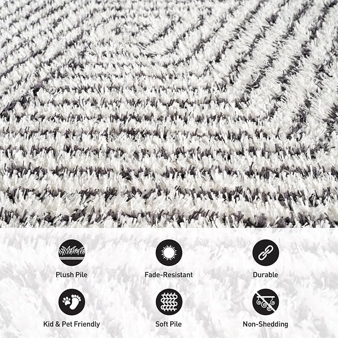 Rugshop Geometric Diamond Stripe Shag Area Rug White 2' x 3' Ideal for Entryways, Kitchens, or Small Spaces