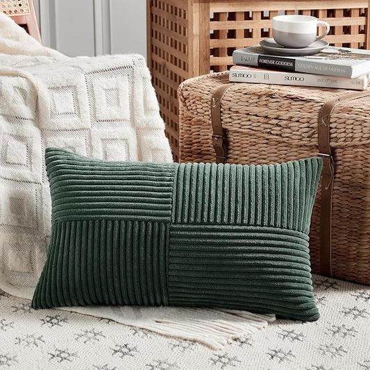Fancy Homi Set of 2 Dark Green Lumbar Decorative Throw Pillow Covers 12x20 Inch for Living Room Couch Bed, Boho Farmhouse Forest Green Home Decor, Soft Corduroy Corss Patchwork Cushion Case