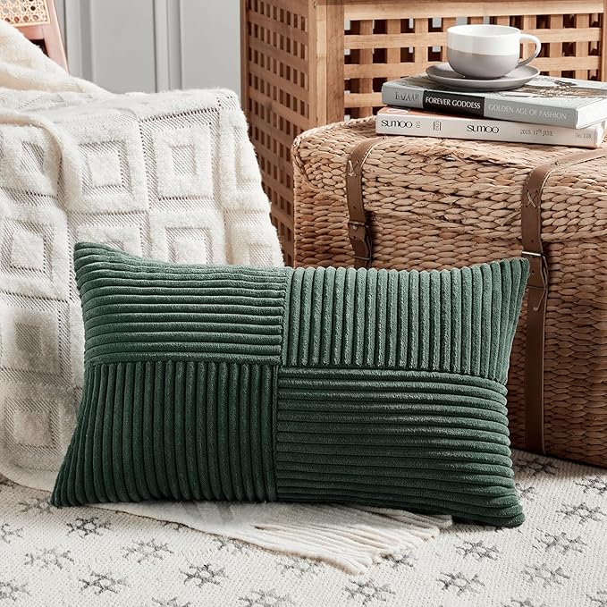 Fancy Homi Set of 2 Dark Green Lumbar Decorative Throw Pillow Covers 16x28 Inch for Living Room Couch Bed, Boho Farmhouse Forest Green Home Decor, Soft Corduroy Corss Patchwork Cushion Case