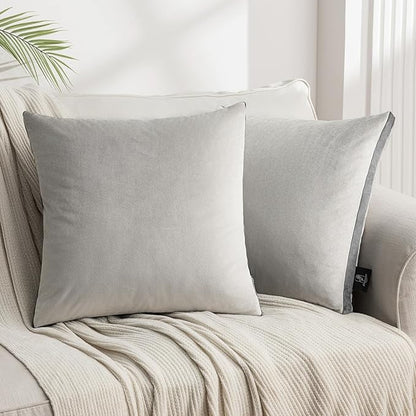Phantoscope Pack of 2 Velvet Throw Pillow Covers, Decorative Soft Velvet Pillows Accent Double-Sided Gusseted Design, Square Cushion Case for Couch Sofa Bed, Light Grey, 18 x 18 inches 45 x 45 cm